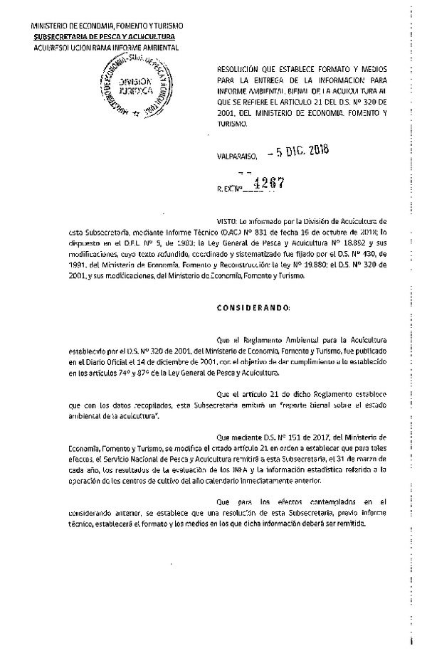 Res. Ex. N° 4267-2018 Establece Formato y Medios para la Entrega de la Información para Informe Ambiental Bienal. (Publicado en Página Web 05-12-2018) (F.D.O. 13-12-2018)