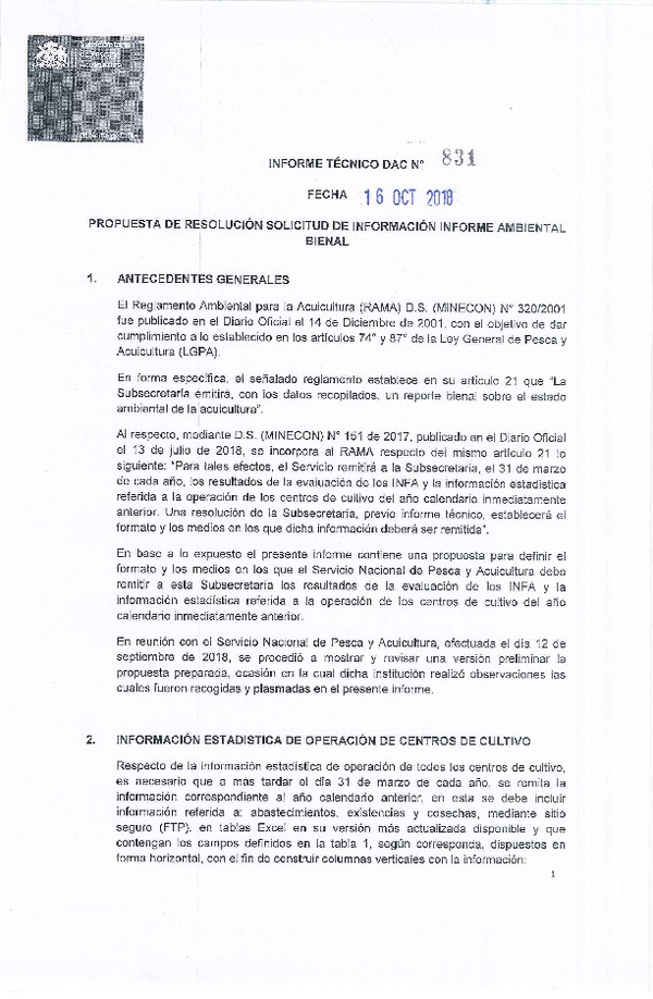 Informe Técnico DAC N° 831-2018 Propuesta de Resolución de Información Informe Ambiental Bienal. (Publicado en Página Web 05-12-2018)