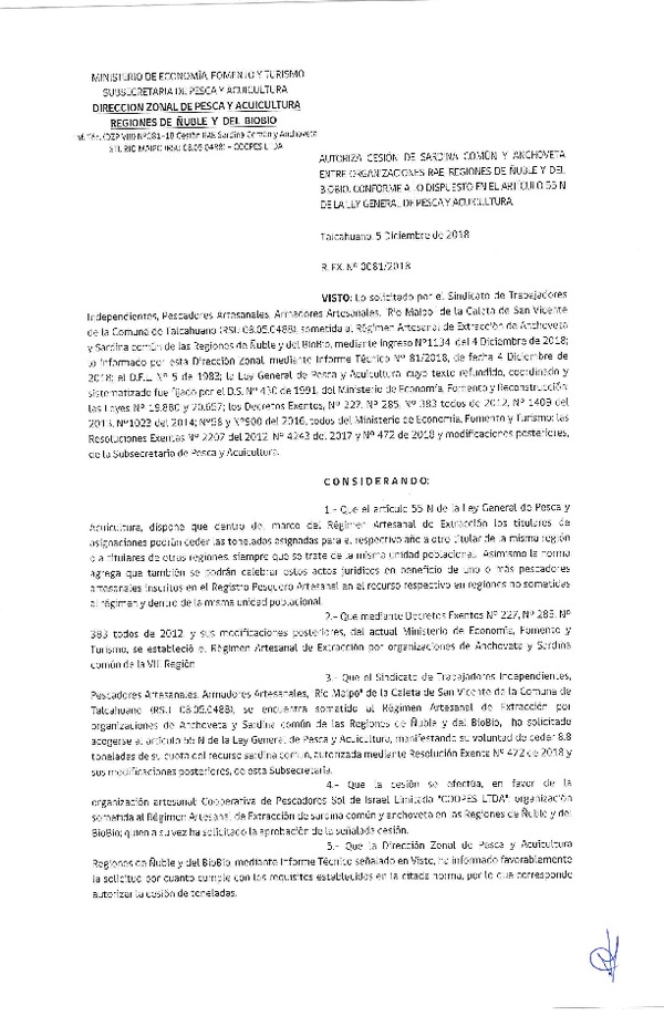 Res. Ex. N° 81-2018 (DZP VIII) Autoriza Cesión Anchoveta y Sardina común, Regiones de Ñuble y del Biobío.