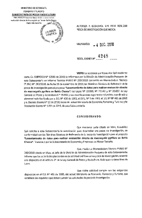 Res. Ex. N° 4248-2018 Levantamiento de datos evaluación directa de macrocystis pyrifera, Región de Atacama.