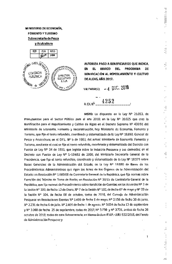 Res. Ex. N° 4252-2018 Autoriza pago a beneficiario que indica, en el marco del programa de bonificación al repoblamiento y cultivo de algas, año 2017.