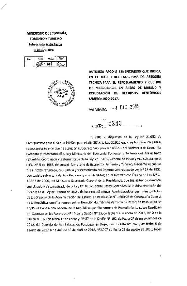 Res. Ex. N° 4243-2018 Autoriza pago a beneficiario que indica, en el marco del programa de asesoría técnica para el repoblamiento y cultivo de macroalgas en AMERB, año 2017.