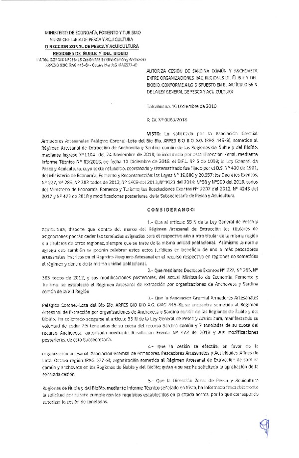Res. Ex. N° 83-2018 (DZP VIII) Autoriza Cesión Anchoveta y Sardina común, Regiones de Ñuble y del Biobío.