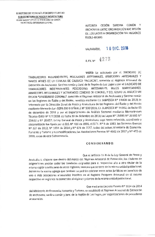 Res. Ex. N° 4275-2018 Autoriza cesión Anchoveta y Sardina común Región de Los Lagos a Regiones Ñuble - Biobío.