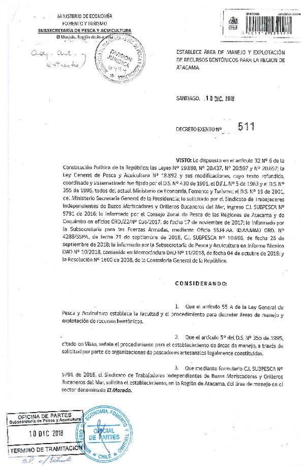 Dec. Ex. N° 511-2018 Establece Área de Manejo El Morado, Región de Atacama. (Publicado en Página Web 11-12-2018) (F.D.O. 13-12-2018)