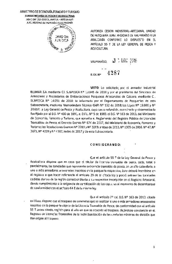 Res. Ex. N° 4287-2018 Autoriza cesión pesquería jurel, Regiones de Valparaíso a la Araucanía.