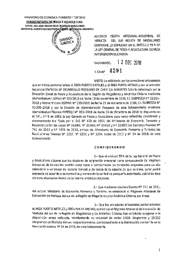 Res. Ex. N° 4291-2018 Cesión Merluza del sur Región de Magallanes.