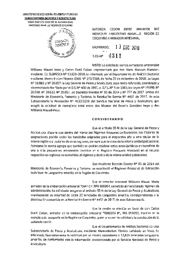 Res. Ex. N° 4311-2018 Autoriza cesión individual Langostino amarillo Región de Coquimbo.