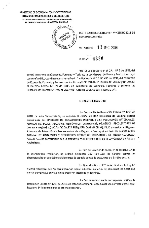 Res. Ex. N° 4336-2018 Rectifica Res. Ex. N° 4258-2018 Autoriza cesión de Sardina austral, Región de Los Lagos.