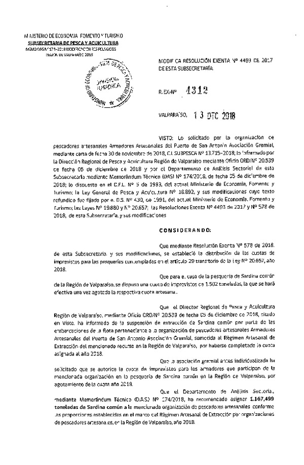 Res. Ex. N° 4312-2018 Modifica Res. Ex. N° 4493-2017 Distribución de la fracción artesanal anchoveta, sardina común y jurel, V Región, año 2018. (Publicado en Página Web 13-12-2018)