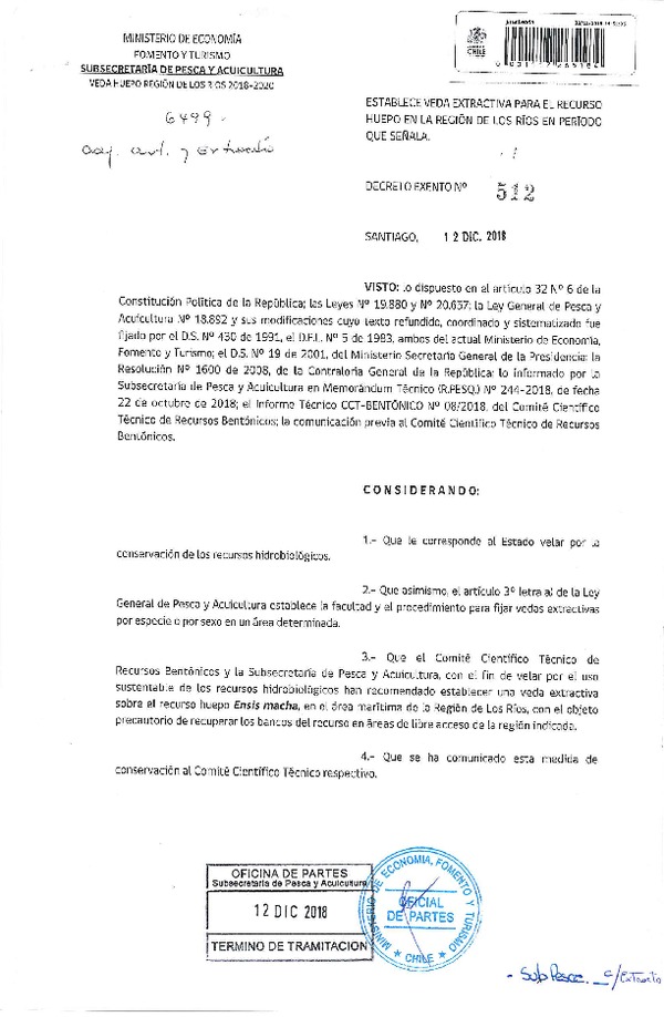 Dec. Ex. N° 512-2018 Establece Veda Extractiva Recuso Huepo, Región de Los Ríos. (Publicado en Página Web 13-12-2018) (F.D.O. 18-12-2018)