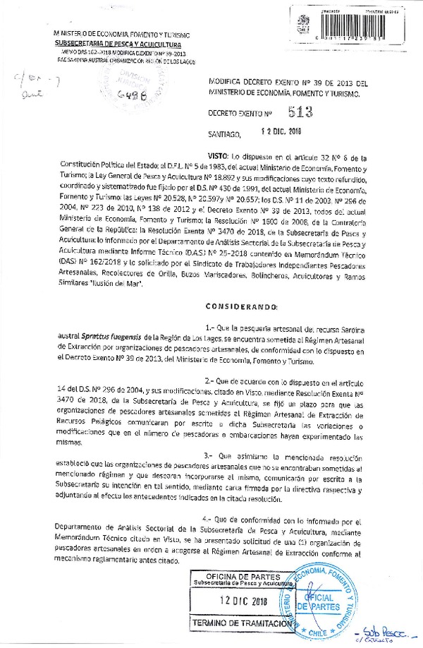 Res. Ex. N° 513-2018 Modifica Res. Ex. N° 39-2017 Distribución de la Fracción Artesanal de Pesquería de Sardina Común, XIV Región, año 2017. (Publicado en Página Web 13-12-2018) (F.D.O. 18-12-2018)