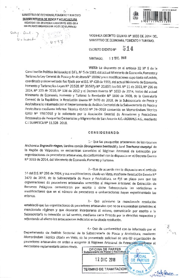 Dec. Ex. N° 514-2018 Modifica Dec. Ex. N° 1033-2014 Establece Régimen Artesanal de Extracción por Organización para la Pesquería Artesanal de Sardina común, Anchoveta y Jurel en la V Región. (Publicado en Página Web 13-12-2018) (F.D.O. 18-12-2018)