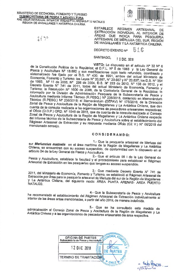 Dec. Ex. N° 516-2018 Establece Régimen Artesanal de Extracción Individual Pesquería Merluza del Sur, Región de Magallanes y la Antártica Chilena. (Publicado en Página Web 13-12-2018) (F.D.O. 18-12-2018)