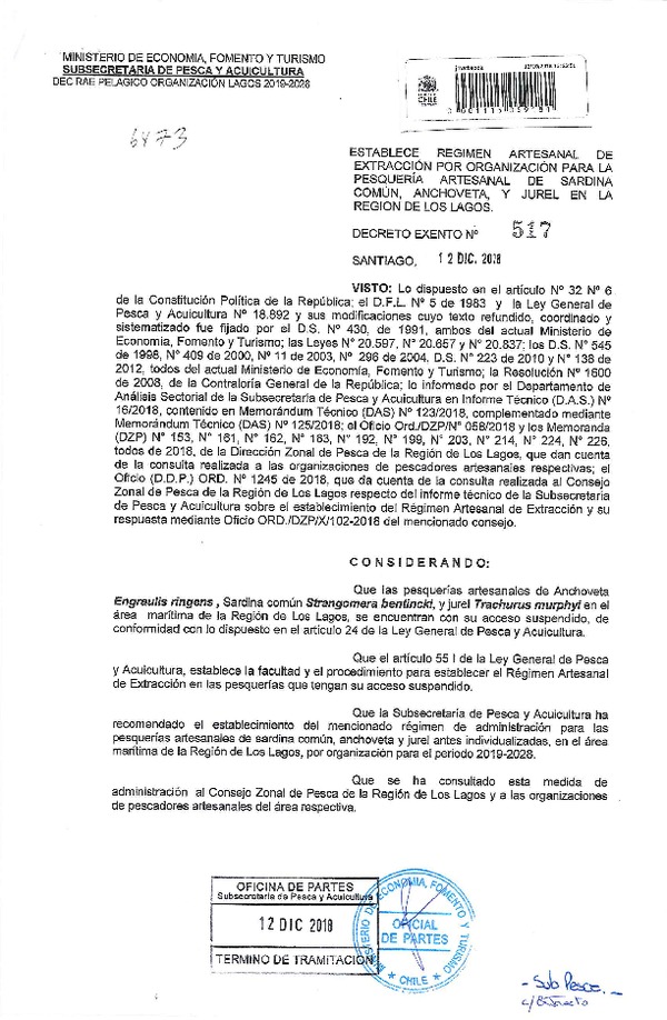 Dec. Ex. N° 517-2018 Establece Régimen Artesanal de Extracción por Organización Pesquería sardina común, Anchoveta y Jurel, Región de Los Lagos. (Publicado en Página Web 13-12-2018) (F.D.O. 18-12-2018)