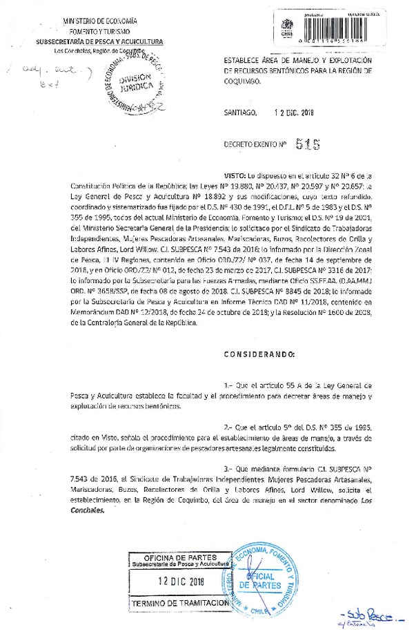 Dec. Ex. N° 515-2018 Establece Área de Manejo Los Conchales, Región de Coquimbo. (Publicado en Página Web 13-12-2018) (F.D.O. 18-12-2018)