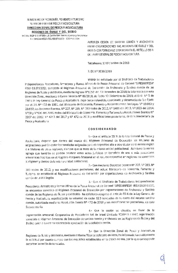 Res. Ex. N° 86-2018 (DZP VIII) Autoriza Cesión Anchoveta y Sardina común, Regiones de Ñuble y del Biobío.
