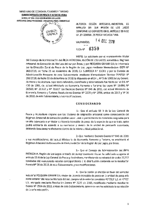 Res. Ex. N° 4350-2018 Cesión Merluza del sur Región de Los Lagos.