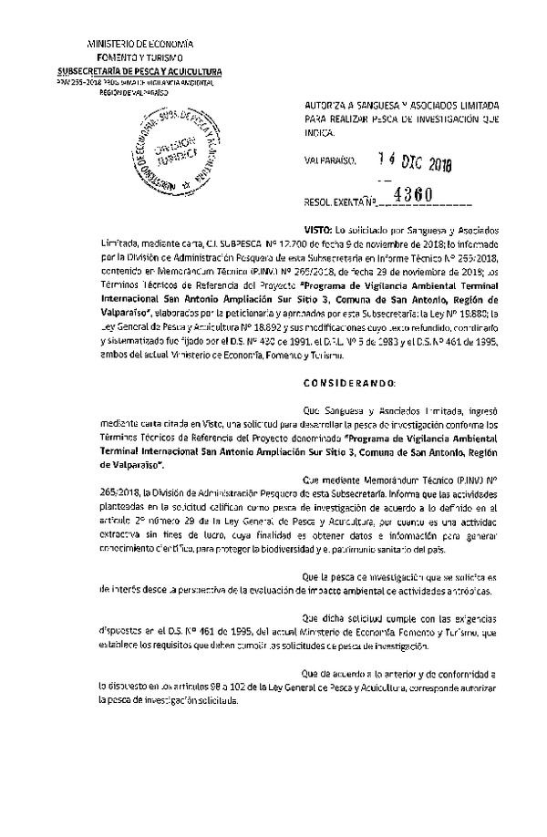 Res. Ex. N° 4360-2018 Programa de vigilancia ambiental, Región de Valparaíso.