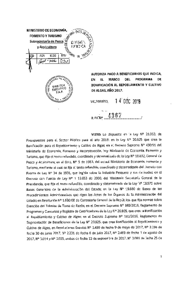 Res. Ex. N° 4367-2018 Autoriza pago a beneficiario que indica, en el marco del programa de bonificación al repoblamiento y cultivo de algas, año 2017.(Publicado en Página Web 17-12-2018)