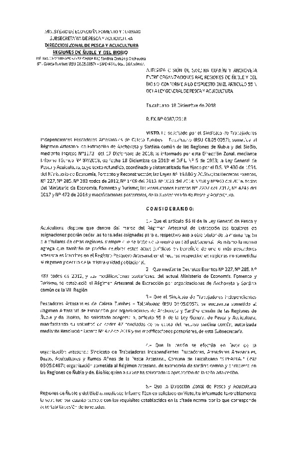 Res. Ex. N° 87-2018 (DZP VIII) Autoriza Cesión Anchoveta y Sardina común, Regiones de Ñuble y del Biobío.
