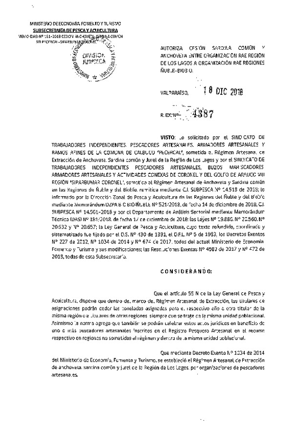 Res. Ex. N° 4387-2018 Autoriza cesión Anchoveta y Sardina común Región de Los Lagos a Regiones Ñuble - Biobío.