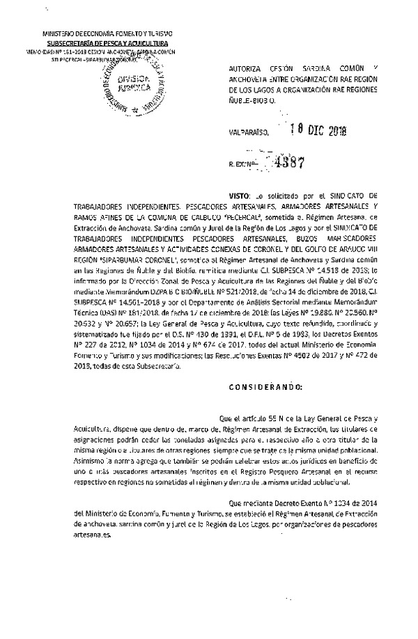 Res. Ex. N° 4387-2018 Autoriza cesión Anchoveta y Sardina común Región de Los Lagos a Regiones Ñuble - Biobío.