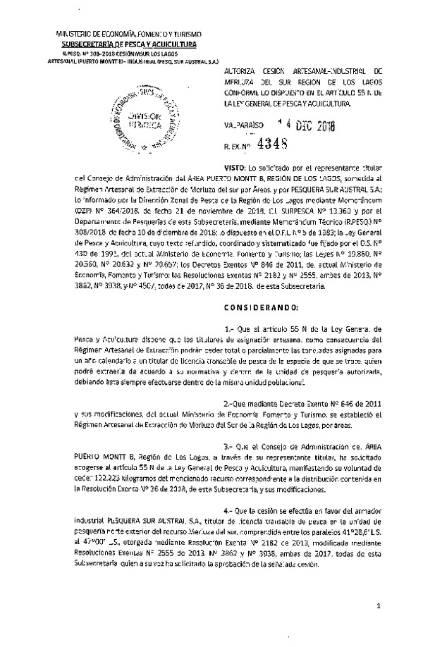 Res. Ex. N° 4348-2018 Fija primera nómina de beneficiarios y autoriza pago que indica, en para trabajadores desplazados del sector pesquero industrial, año 2018.(Publicado en Página Web 18-12-2018)