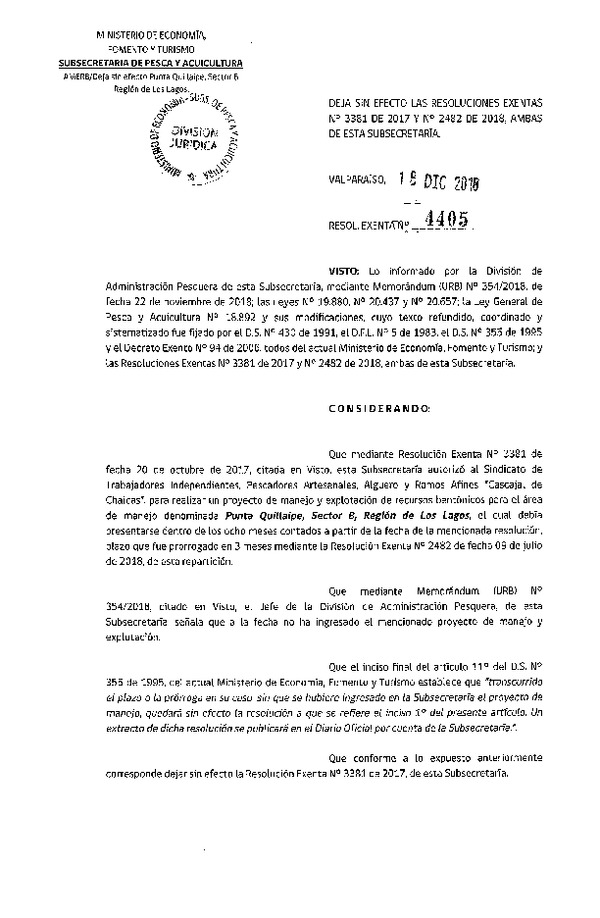 Res. Ex. N° 4405-2018 Deja sin Efecto Resoluciones que Indica.