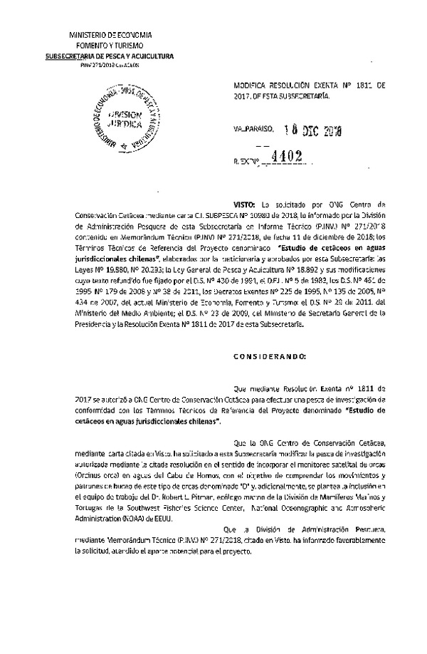 Res. Ex. N° 4402-2018 Modifica Res. Ex. N° 1811-2017 Estudio de cetáceos en aguas jurisdiccionales chilenas.