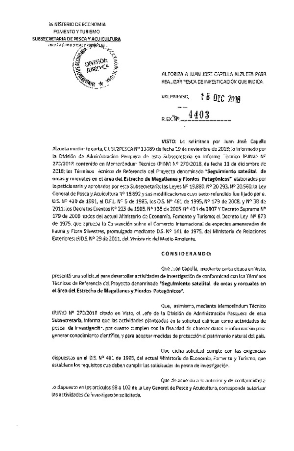 Res. Ex. N° 4403-2018 Seguimiento satelital de orcas y rorcuales, Estrecho de Magallanes y Fiordos Patagónicos.