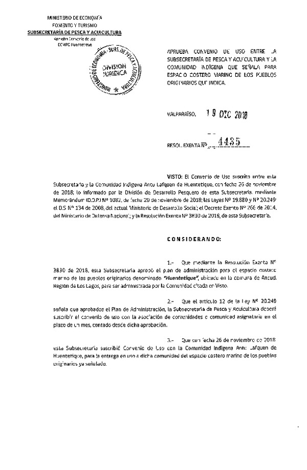 Res. Ex. N° 4435-2018 Aprueba convenio de uso que indica para ECMPO Huentetique. (Publicado en Página Web 20-12-2018)