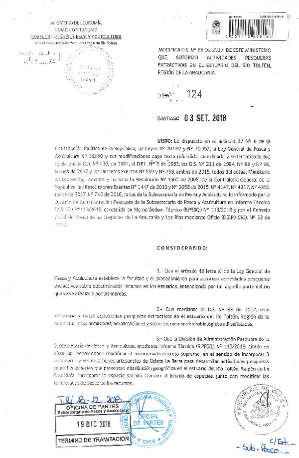 D.S. N° 124-2018 Modifica Dec. Ex. N° 88-2017 Autoriza Actividades Pesqueras Extractivas en el Estuario del Río Toltén, IX Región. (Publicado en Página Web 20-12-2018) (F.D.O. 26-12-2018)