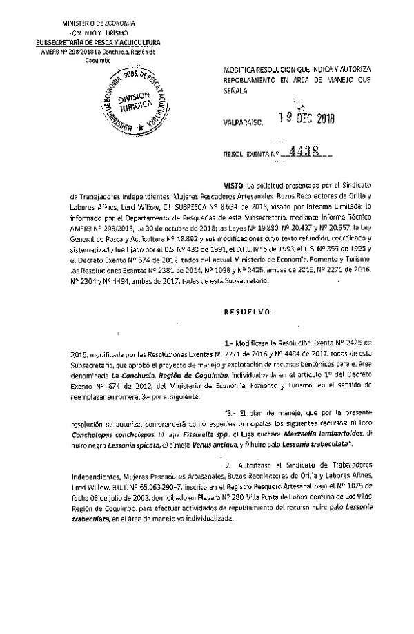 Res. Ex. N° 4438-2018 Autoriza Repoblamiento.