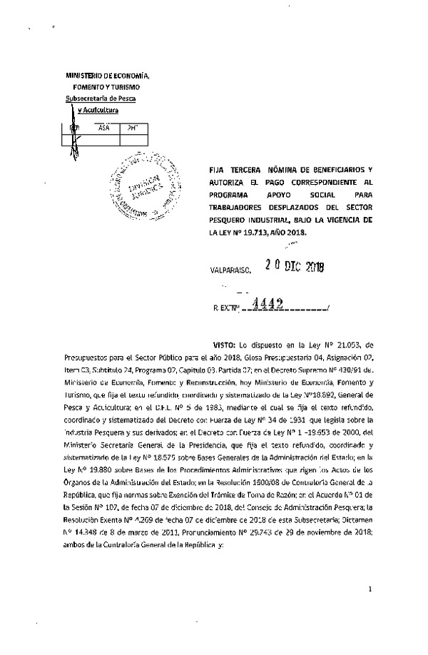 Res. Ex. N° 4442-2018 Fija tercera nómina de beneficiarios y autoriza pago que indica, para trabajadores desplazados del sector pesquero industrial, año 2018.(Publicado en Página Web 20-12-2018)