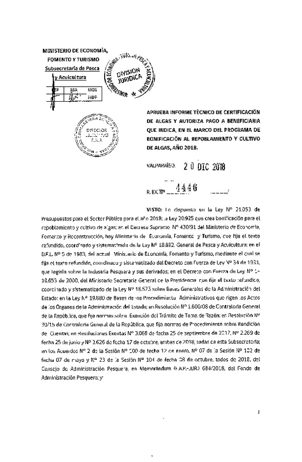 Res. Ex. N° 4446-2018 Aprueba informe técnico de certificación de algas y autoriza pago que indica, en el marco del programa de bonificación al repoblamiento y cultivo de algas, año 2018. (Publicado en Página Web 20-12-2018)