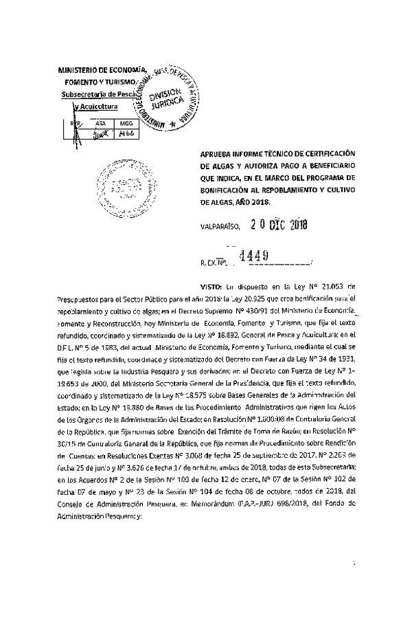 Res. Ex. N° 4449-2018 Aprueba informe técnico de certificación de algas y autoriza pago que indica, en el marco del programa de bonificación al repoblamiento y cultivo de algas, año 2018. (Publicado en Página Web 20-12-2018)