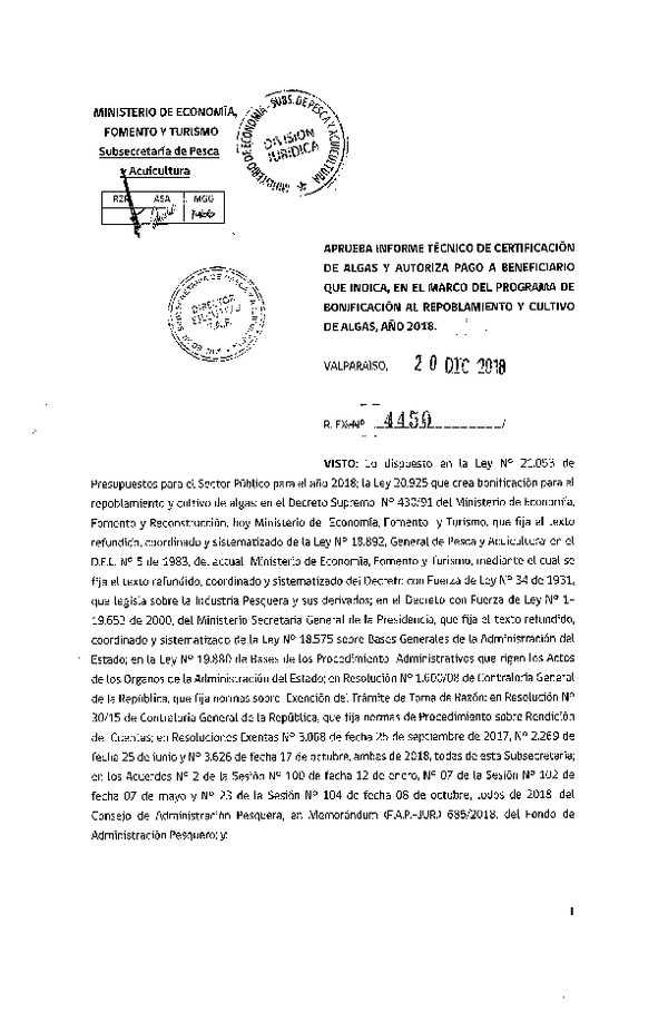 Res. Ex. N° 4450-2018 Aprueba informe técnico de certificación de algas y autoriza pago que indica, en el marco del programa de bonificación al repoblamiento y cultivo de algas, año 2018. (Publicado en Página Web 20-12-2018)