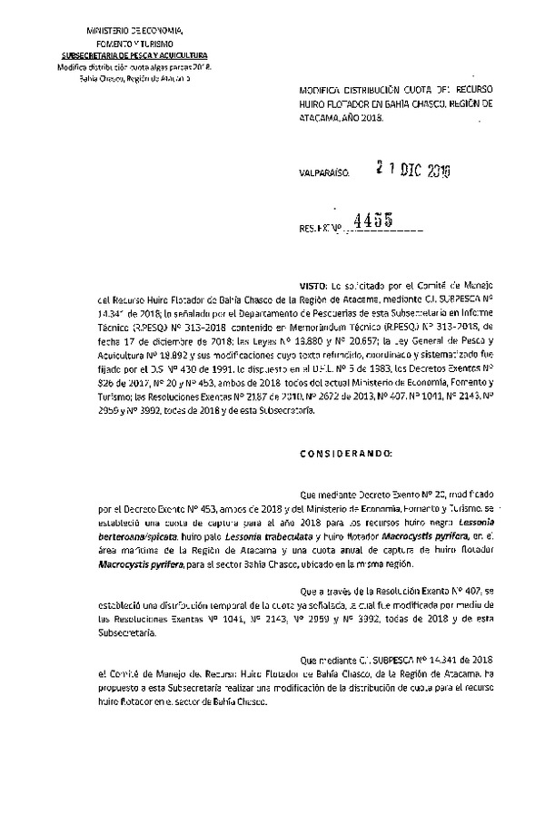 Res. Ex. N° 4455-2018 Modifica Res. Ex. N°407-2018 Distribución Cuota Huiro negro, Región de Atacama, año 2018. (Publicado en Página Web 26-12-2018) (F.D.O. 03-01-2019)