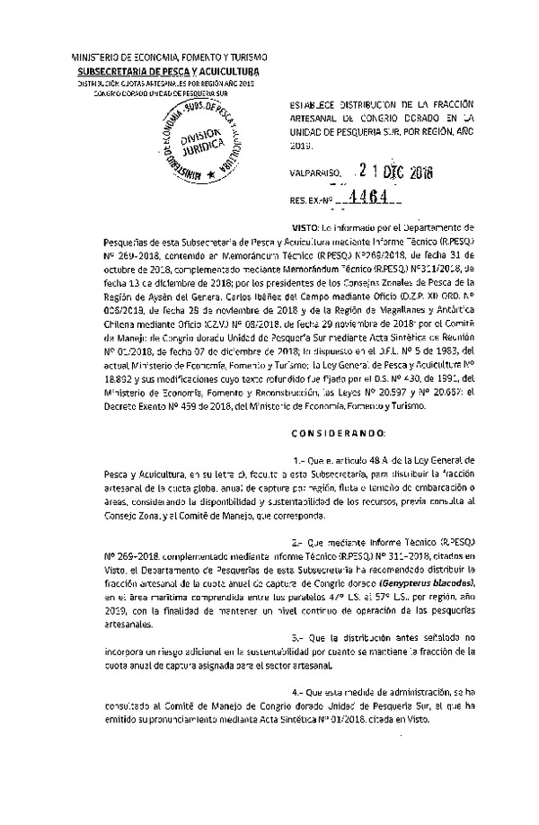 Res. Ex. N° 4464-2018 Establece Distribución de la Fracción Artesanal de Congrio Dorado, Pesquería sur, por Región, Año 2019. (Publicado en Página Web 26-12-2018) (F.D.O. 03-01-2019)