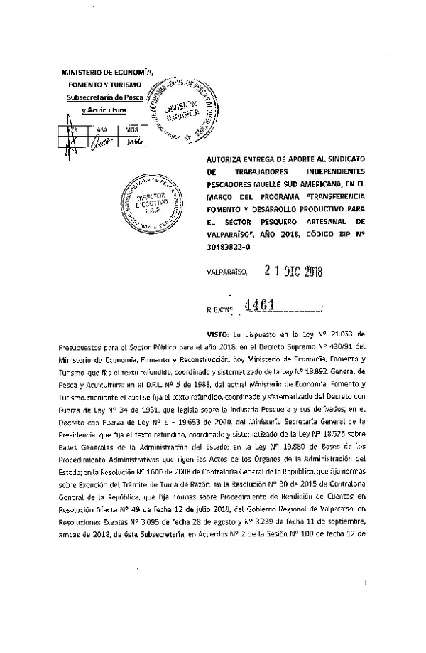 Res. Ex. N° 4461-2018 Autoriza entrega de aporte a sindicato que indica, en el Marco del Programa Transferencia Fomento y Desarrollo Productivo para el Sector Pesquero Artesanal de Valparaíso, año 2018. (Publicado en Página Web 26-12-2018)