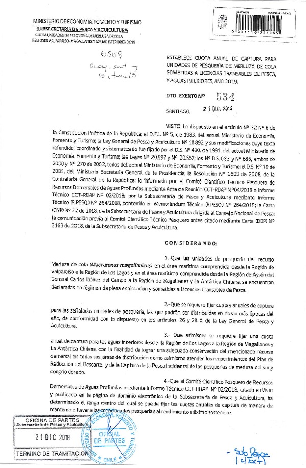  Dec. Ex. N° 534-2018 Establece Cuota Anual de Captura para unidades de Pesquerías de Merluza de Cola, Sometidas a Licencias Transables de Pesca y Aguas Interiores, 2019. (Publicado en Página Web 27-12-2018) (F.D.O. 04-01-2019)