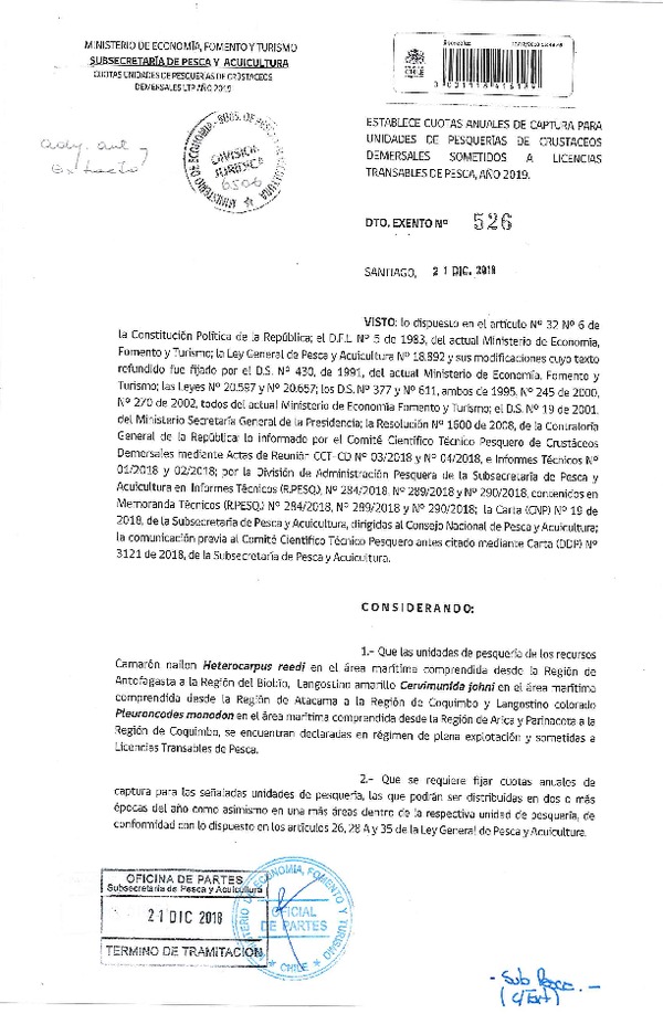 Dec. Ex. N° 526-2018 Establece Cuotas Anuales de Captura Para Unidades de Pesquerías de Crustáceos Demersales Sometidos a Licencias Transables de Pesca, Año 2019. (Publicado en Página Web 27-12-2018) (F.D.O. 04-01-2019)