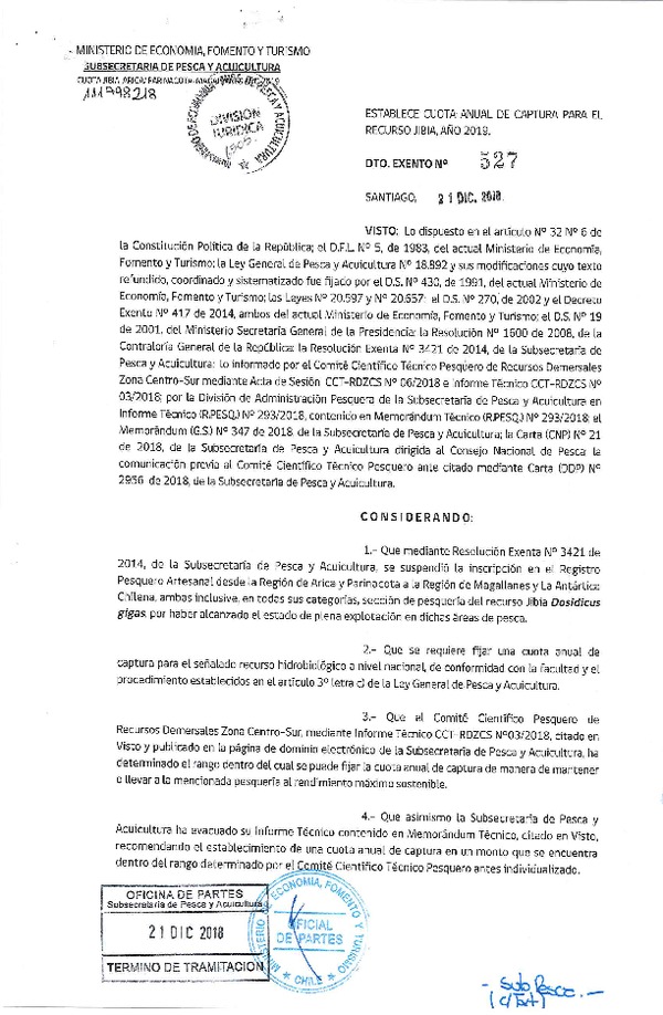 Dec. Ex. N° 527-2018 Establece Cuota Anual de Captura para el Recursos Jibia, Año 2019. (Publicado en Página Web 27-12-2018) (F.D.O. 04-01-2019)