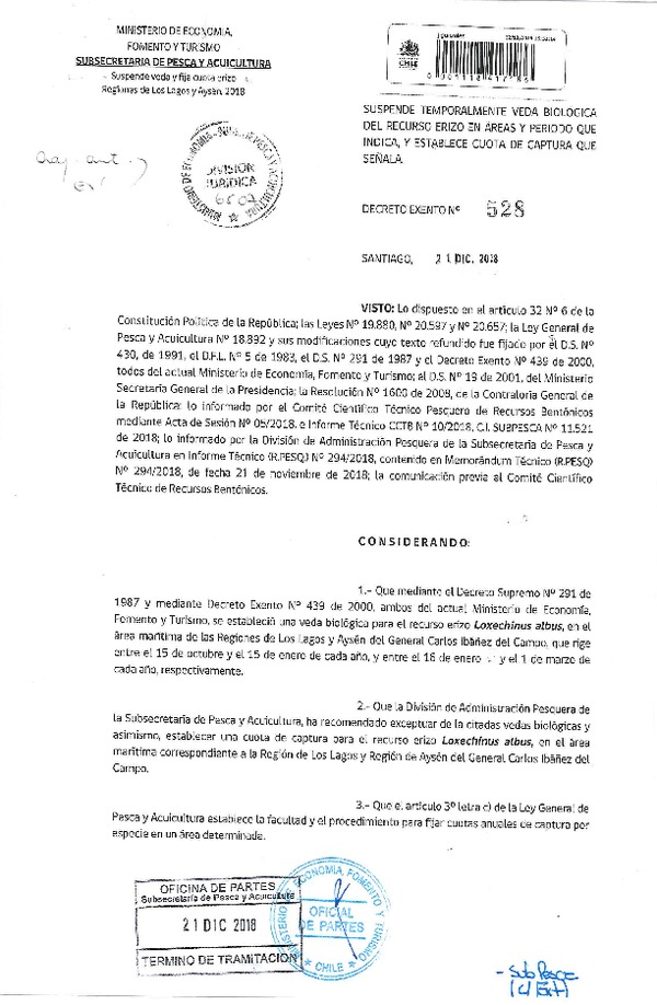 Dec. Ex. Nº 528-2018 Suspende Temporalmente Veda Biológica Recurso Erizo en Areas y periodio que indica y Establece Cuota de Captura que Señala. (Publicado en Página Web 27-12-2018) (F.D.O. 04-01-2019)