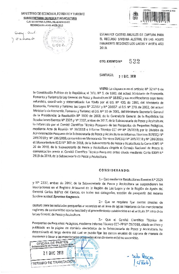 Dec. Ex. N° 532-2018 Establece Cuotas Anuales de Captura para el Recurso Sardina Austral en las Aguas Interiores Regiones de Los Lagos y Aysén, Año 2019. (Publicado en Página Web 27-12-2018) (F.D.O. 04-01-2019)