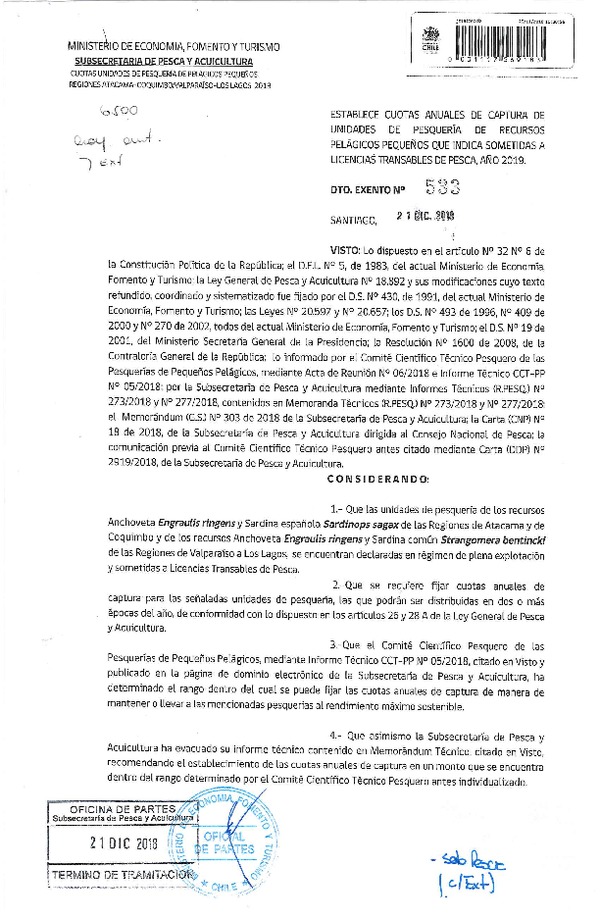 Dec. Ex. N° 533-2018 Establece Cuotas Anuales de Captura de Unidades de Pesquerías de Recursos Pelágicos Pequeños que Indica Sometidas a LTP, Año 2019. (Publicado en Página Web 27-12-2018) (F.D.O. 04-01-2019)