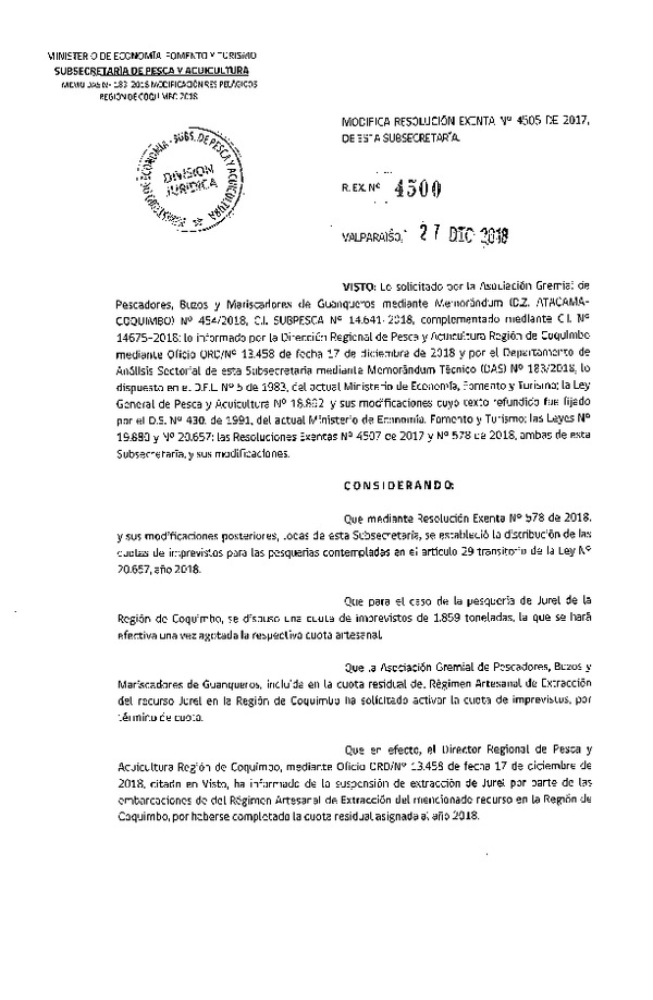 Res. Ex. N° 4500-2018 Modifica Res. Ex. N° 4505-2017 Distribución de la fracción artesanal anchoveta y jurel, IV Región, año 2018. (Publicado en Página Web 28-12-2018)