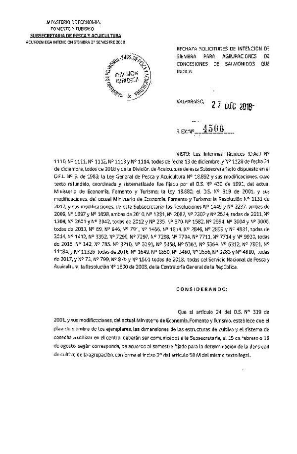 Res. Ex. N° 4506-2018 Rechaza solicitudes de intención de siembre para agrupaciones de concesiones de salmónidos que indica. (Con Informes Técnicos) (Publicado en Página Web 28-12-2018)