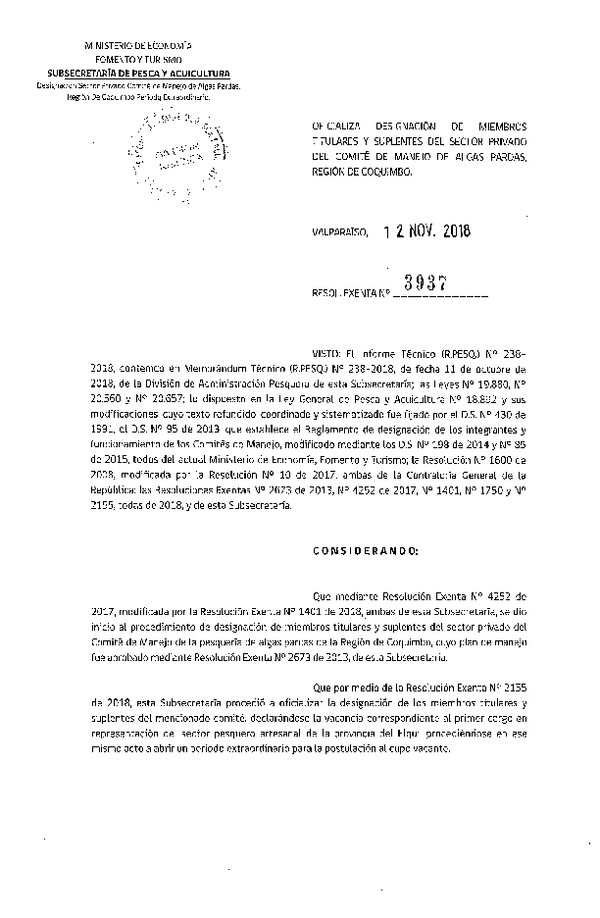 Res. Ex. N° 3937-2018 Oficializa Designación de Miembros Sector Privado del Comité de Manejo de Algas Pardas Región de Coquimbo. (Publicado en Página Web 28-12-2018) (F.D.O. 28-12-2018)